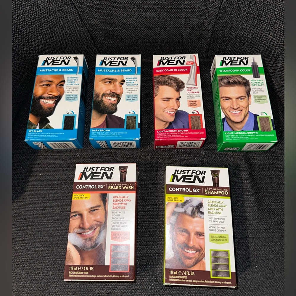 Just For Men Bundle (Beard/Mustache Wash/color,Shampoo, Comb Hair/Color) 6 Boxes